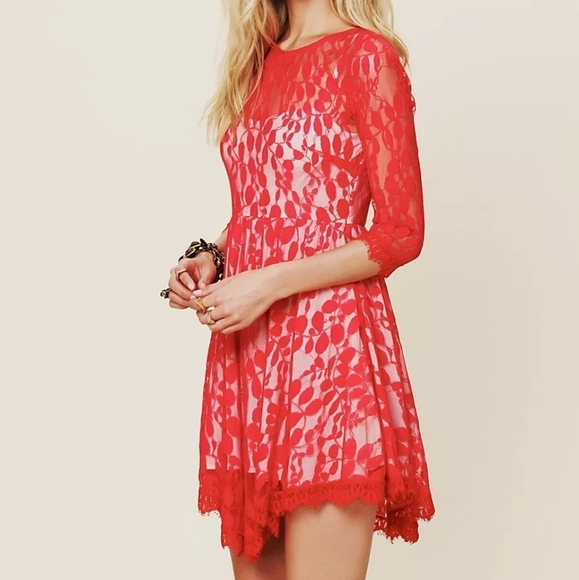 Sz4 Free People Red Floral Embroidered Mesh Dress - Picture 3 of 12